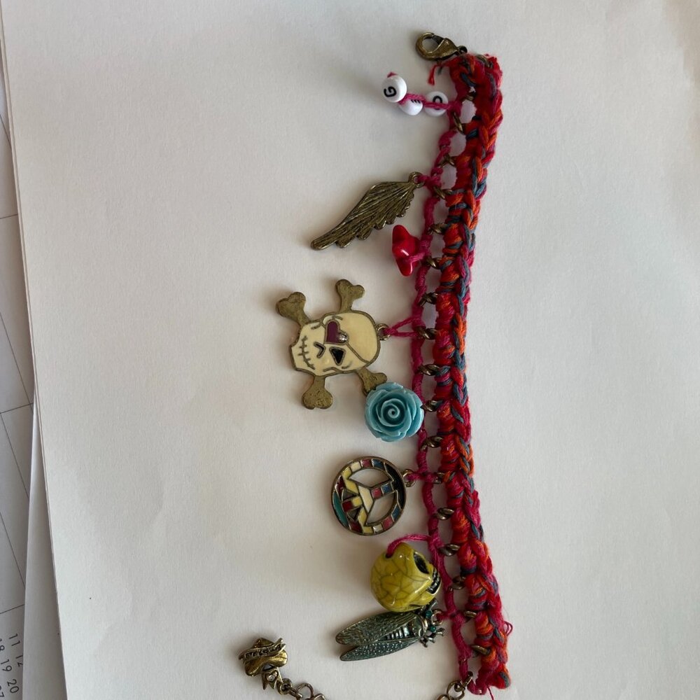 Handmade Macrame Charm Bracelet Goth, Skull, Cicada, peace sign, OMG, Wing